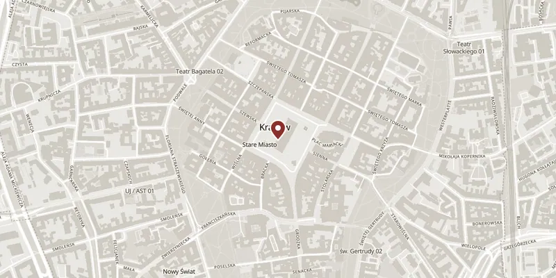 Map showing where Rynek Główny and the Cloth Hall is
